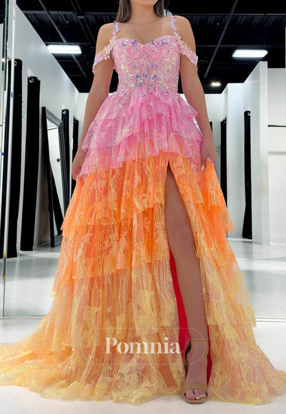 Charming A-Line Sleeveless Strapless Slit Ruffles Lace Prom Dress