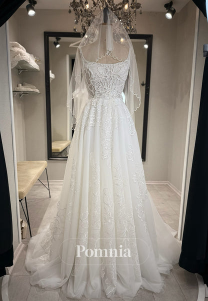 Charming A-Line Spaghetti Straps Square Pearls Satin Wedding Dress