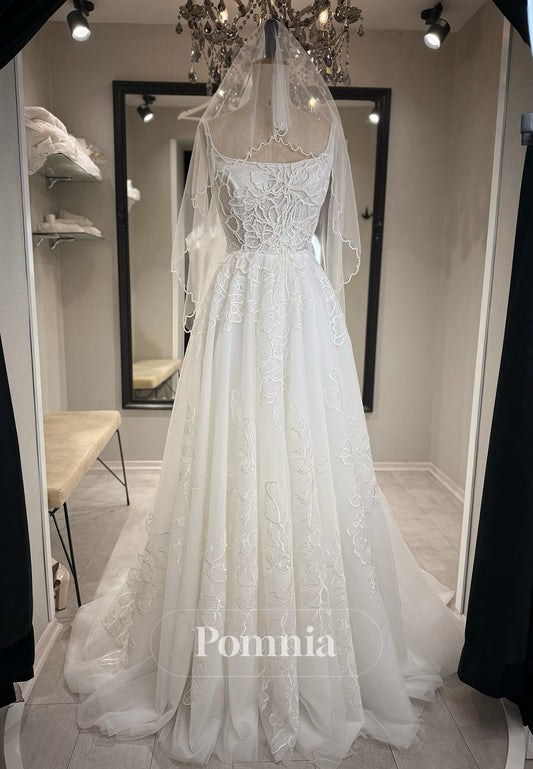 Charming A-Line Spaghetti Straps Square Pearls Satin Wedding Dress