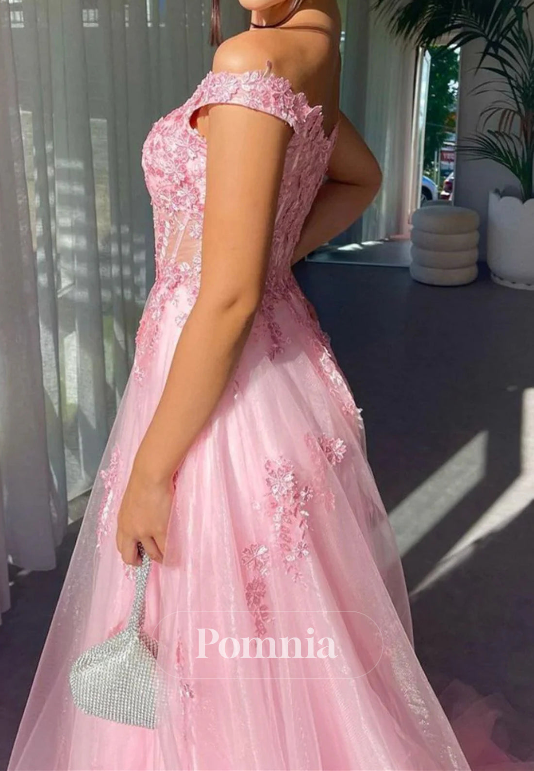 Charming A Line Off the Shoulder Pink Long Prom Dress with Appliques