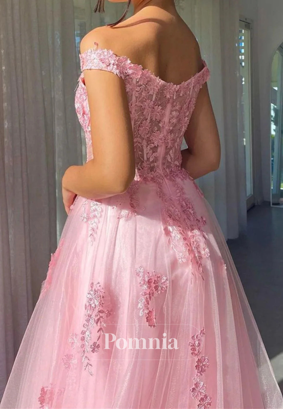 Charming A Line Off the Shoulder Pink Long Prom Dress with Appliques