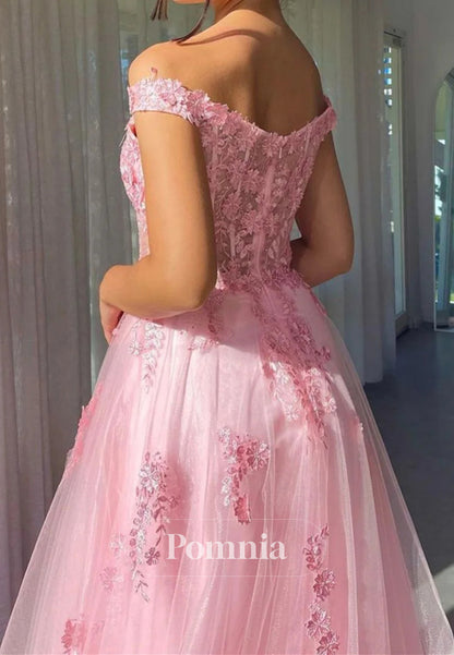 Charming A Line Off the Shoulder Pink Long Prom Dress with Appliques