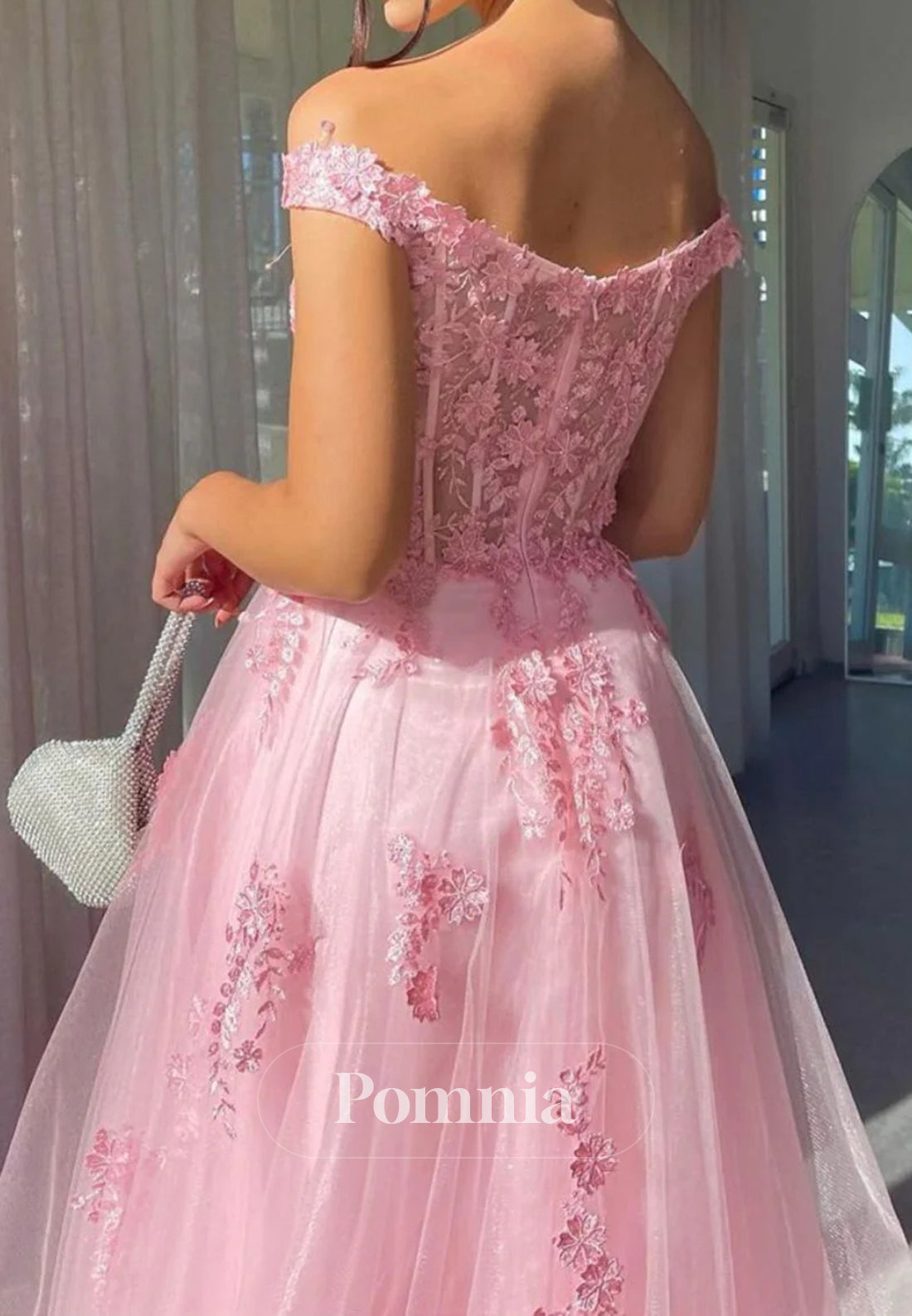 Charming A Line Off the Shoulder Pink Long Prom Dress with Appliques
