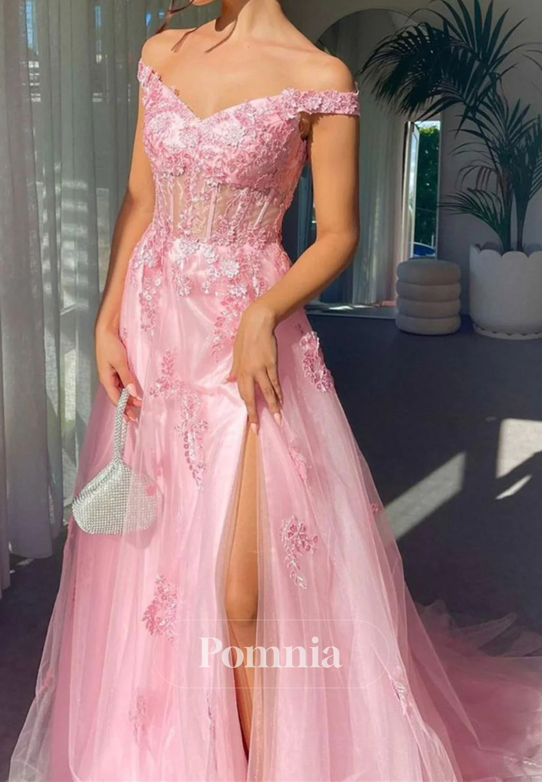 Charming A Line Off the Shoulder Pink Long Prom Dress with Appliques