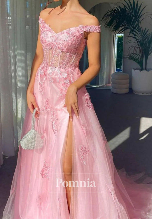 Charming A Line Off the Shoulder Pink Long Prom Dress with Appliques