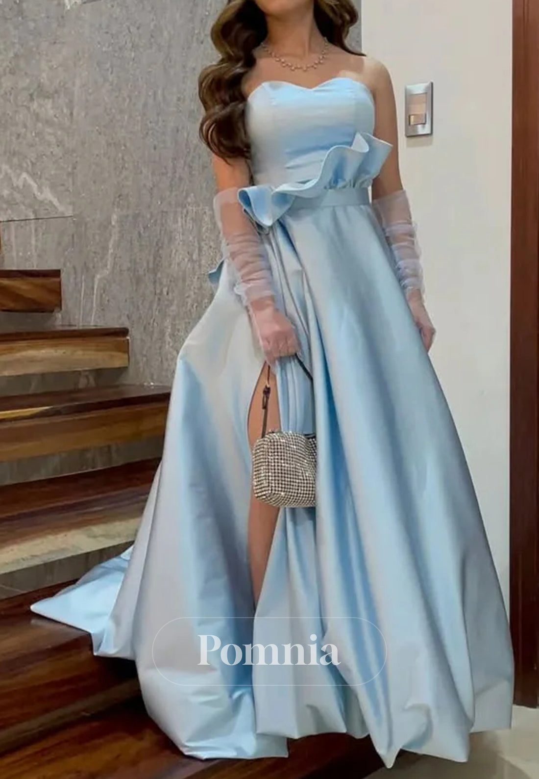 Charming A Line Sweetheart Light Blue Long Prom Dress with Split Front