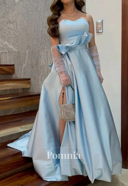 Charming A Line Sweetheart Light Blue Long Prom Dress with Split Front