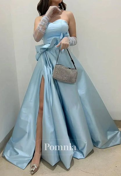 Charming A Line Sweetheart Light Blue Long Prom Dress with Split Front