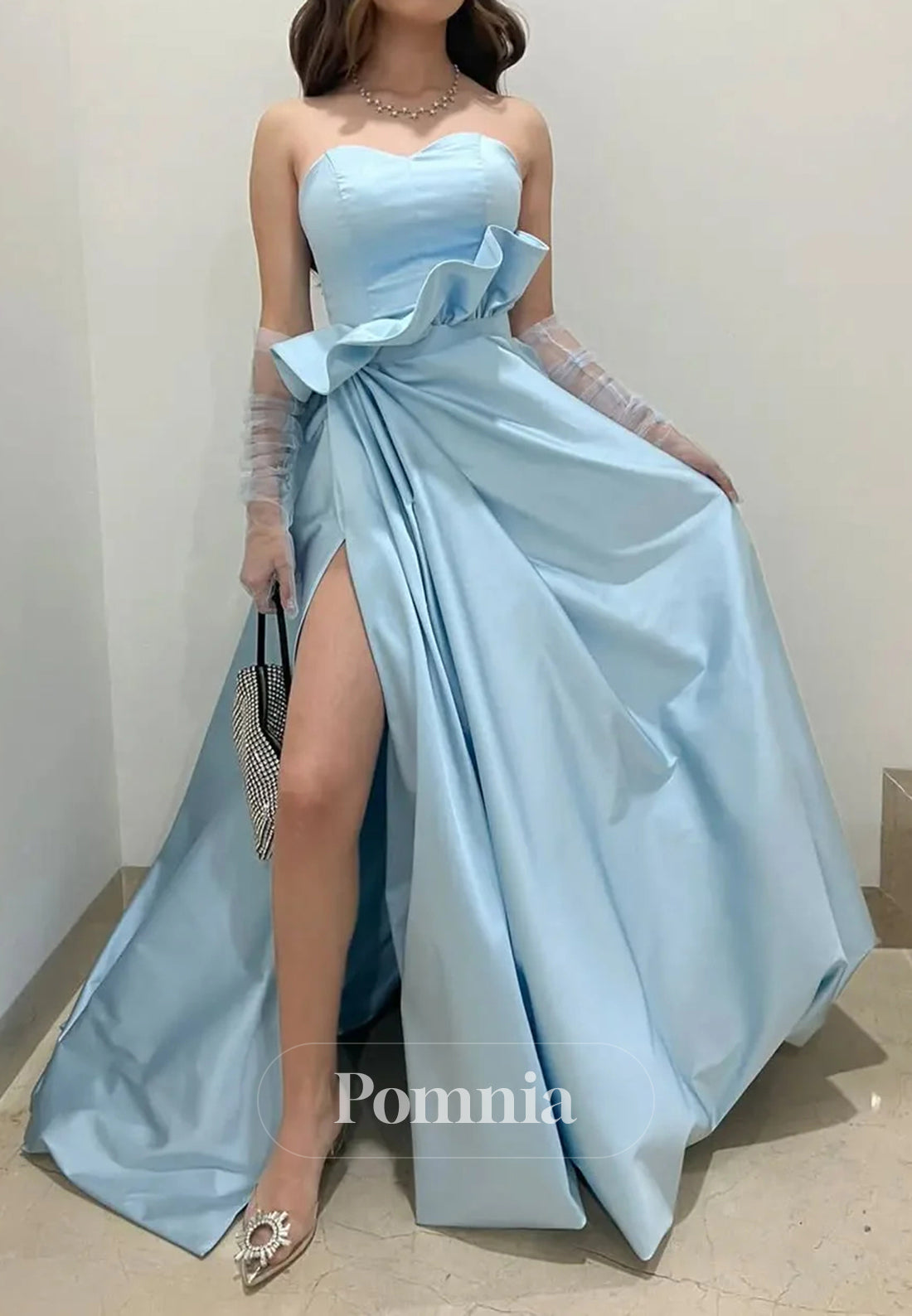 Charming A Line Sweetheart Light Blue Long Prom Dress with Split Front
