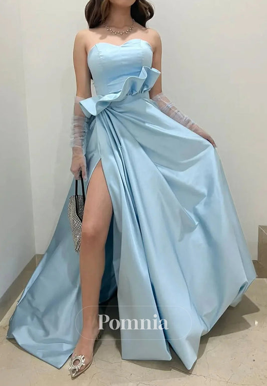 Charming A Line Sweetheart Light Blue Long Prom Dress with Split Front