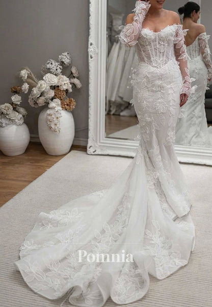 Charming Long Sleeves Off-Shoulder Corset Tulle Appliques Wedding Dress