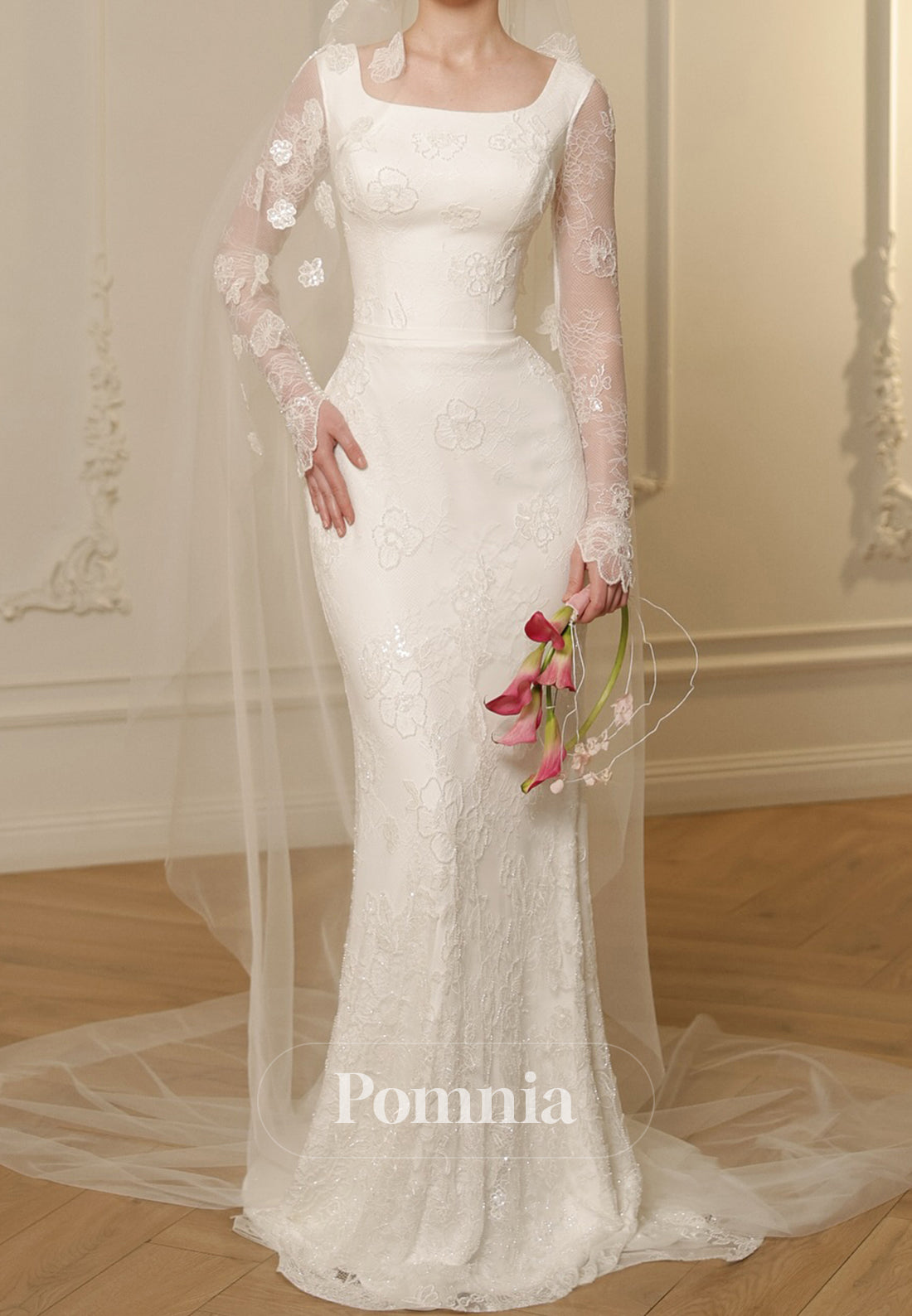 Charming Long Sleeves Square Floral Appliques  Mermaid Wedding Dress