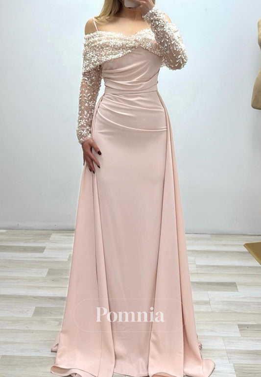Charming Long Sleeves Sweetheart Pearls Ruched Prom Dress
