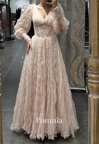 Charming Long Sleeves V-Neck Appliques Prom Dress