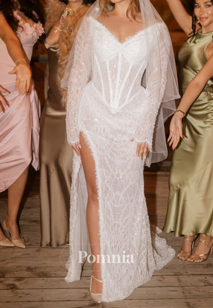 Charming Long Sleeves V-Neck Corset Tulle Ruched Wedding Dress