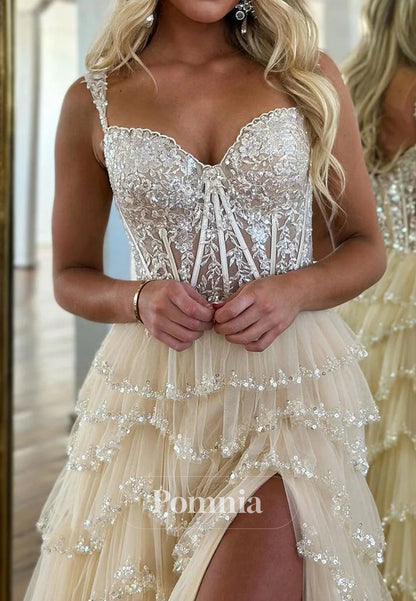 Charming Off The Shoulder A-Line Long Tiered Prom Dress With Sequin