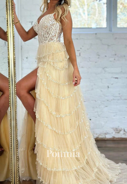 Charming Off The Shoulder A-Line Long Tiered Prom Dress With Sequin