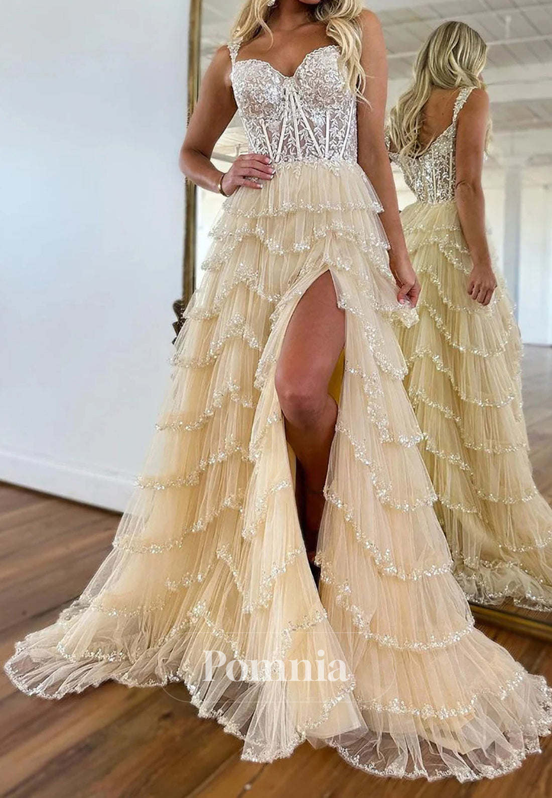 Charming Off The Shoulder A-Line Long Tiered Prom Dress With Sequin