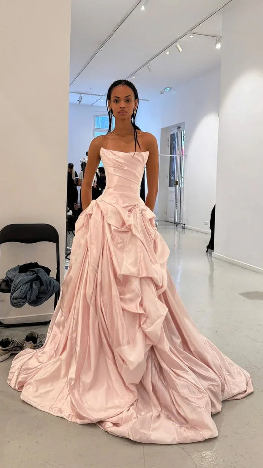 Charming Pink Strapless Rutched Long Prom Dresses