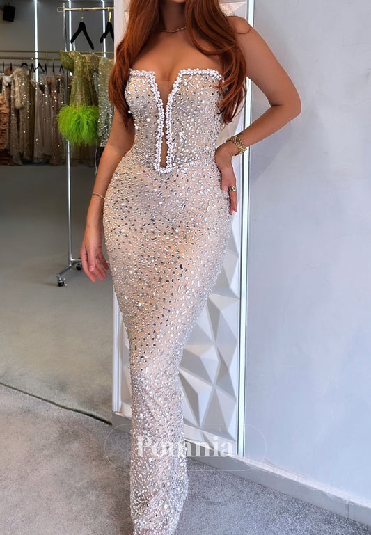Charming Sleeveless Strapless Beads Sheath Prom Dress