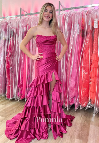 Charming Sleeveless Strapless Prom Dress with Slit Ruffles Evening Party Dress