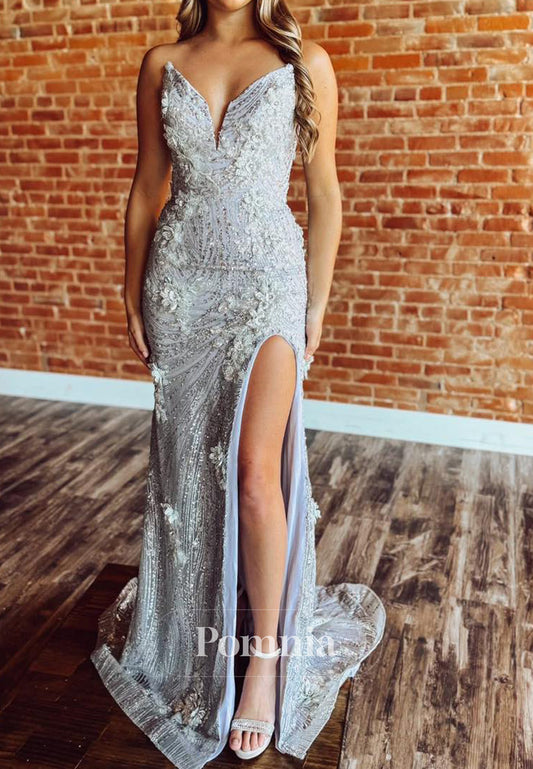 Charming Sleeveless Strapless Slit Floral Appliques Prom Dress