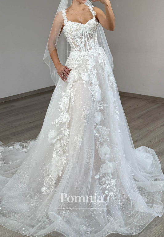 Charming Spaghetti Straps Scoop Floral Appliques Wedding Dress