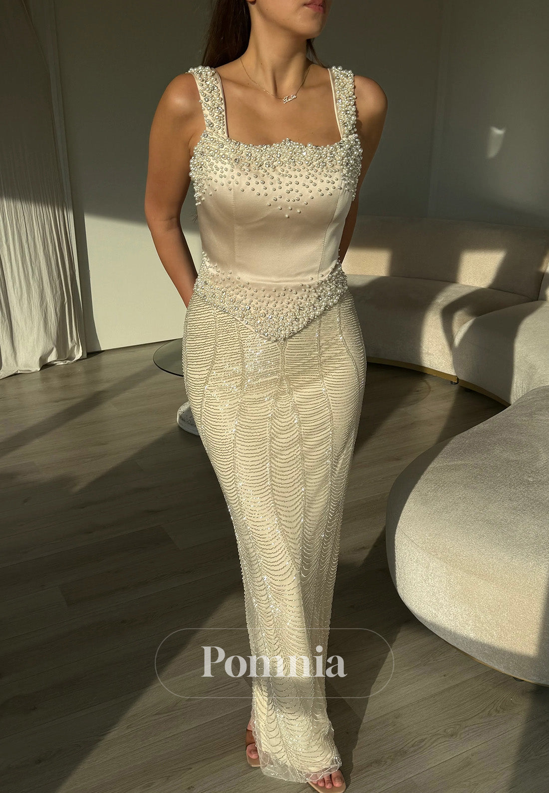 Charming Spaghetti Straps Square Pearls Sheath Prom Dress