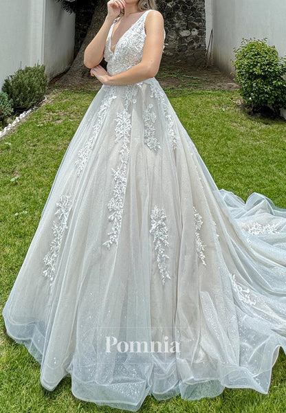 Charming Spaghetti Straps V-Neck Appliques A-Line Wedding Dress