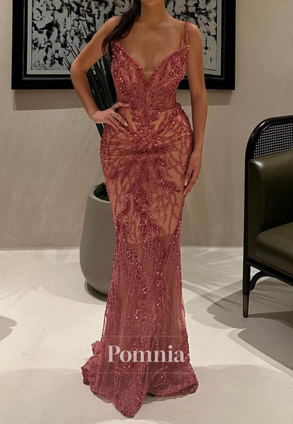 Charming Spaghetti Straps V-Neck Appliques Evening Dress