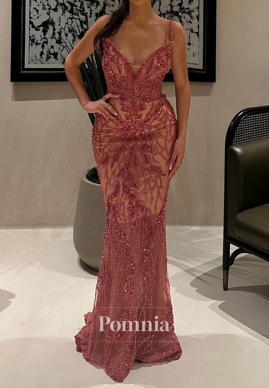 Charming Spaghetti Straps V-Neck Appliques Evening Dress