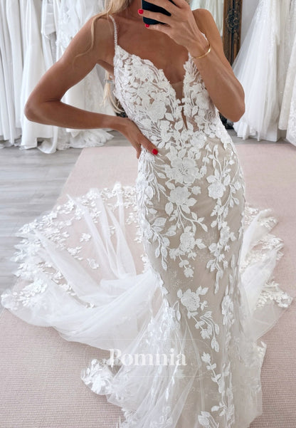 Charming Spaghetti Straps V-Neck Floral Appliques Backless Wedding Dress