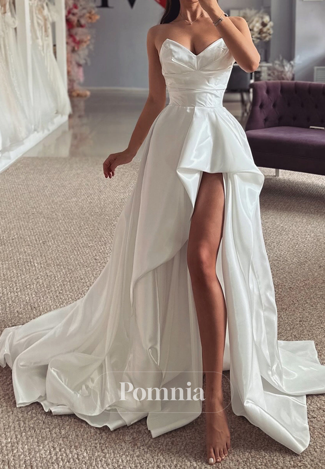 Charming Sweetheart Sleeveless Slit Sweep Train Satin Wedding Dress