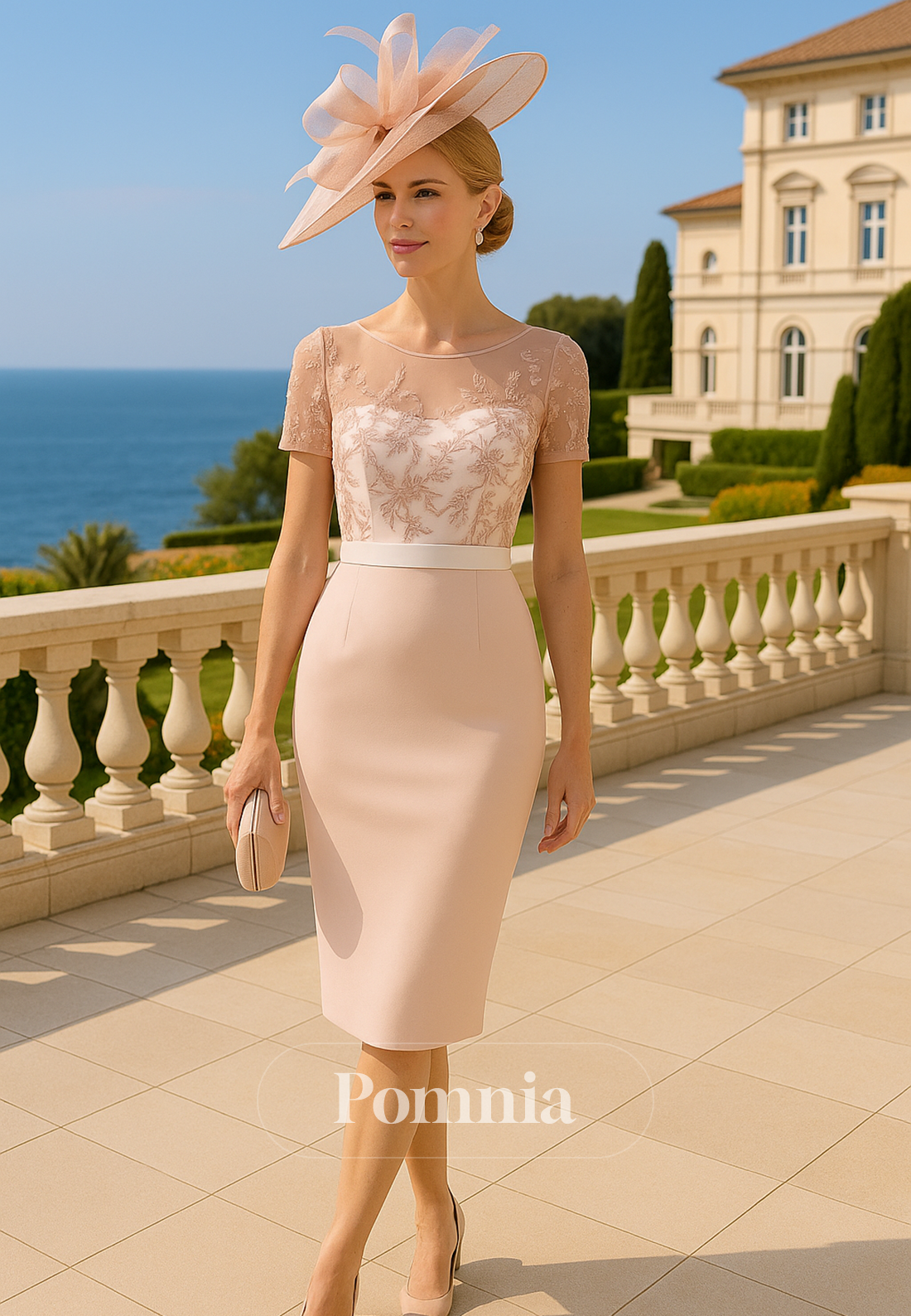 Rose Petal Short Sleeves Scoop Empire-Waist Corset Mother of the Bride Dress