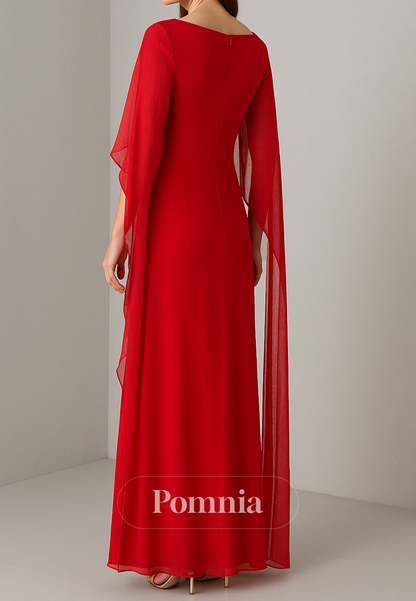 Red Long Sleeves Scoop Ruched Chiffon Evening Dress