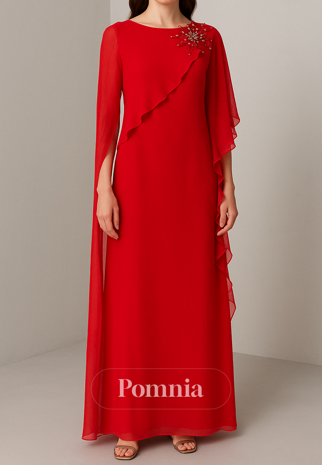 Red Long Sleeves Scoop Ruched Chiffon Evening Dress