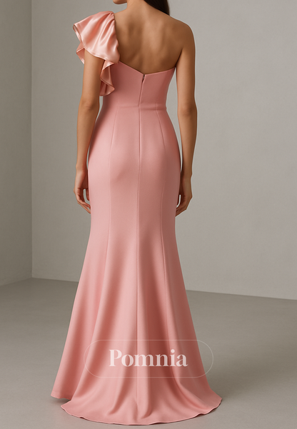Blushing Pink One Shoulder Sleeveless A-Line Evening Dress