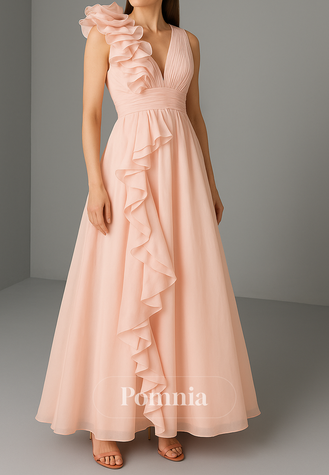 Rose Petal V-Neck Sleeveless A-Line Evening Dress