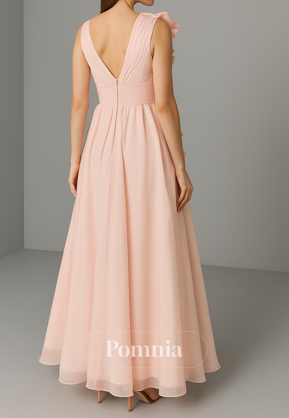 Rose Petal V-Neck Sleeveless A-Line Evening Dress