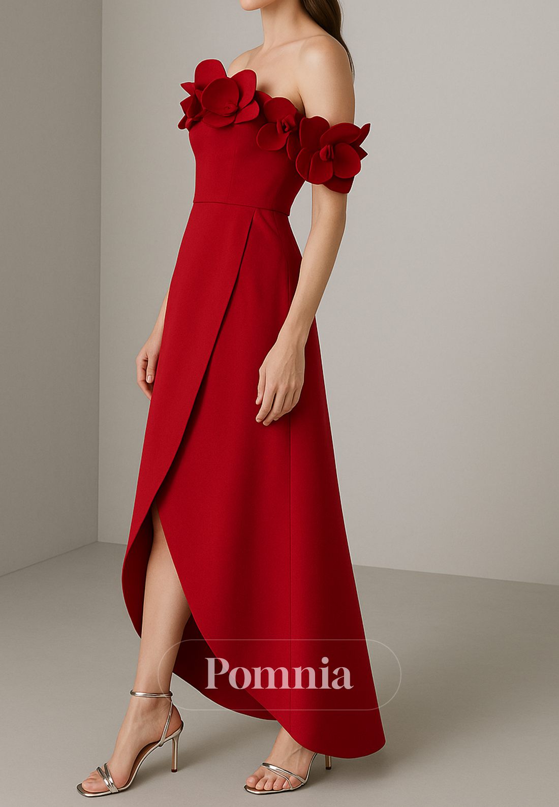 Red Off-Shoulder Sleeveless Slit Appliques Evening Dress