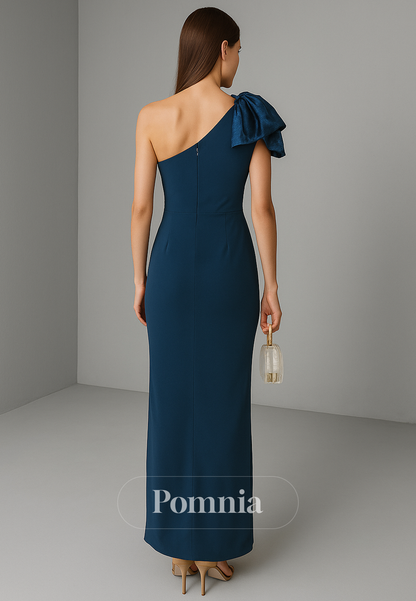 Ink Blue One Shoulder Sleeveless Bowknot Evening Dress