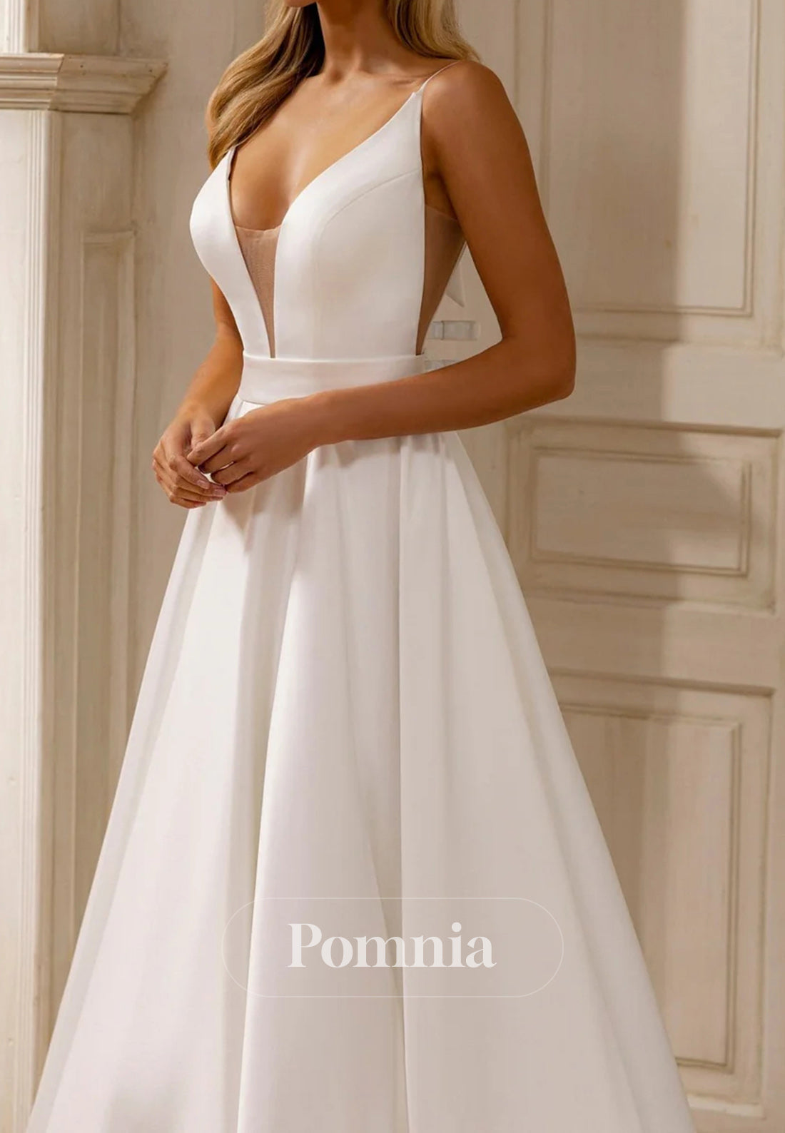 Chic A-Line Plunge Neckline and Flowing Train Satin Wedding Dress