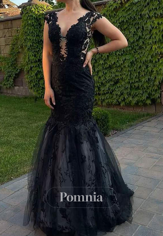 Classy Black Deep V-Neck Lace Appliques Mermaid Formal Prom Dress