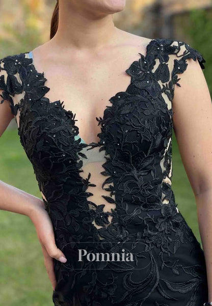 Classy Black Deep V-Neck Lace Appliques Mermaid Formal Prom Dress