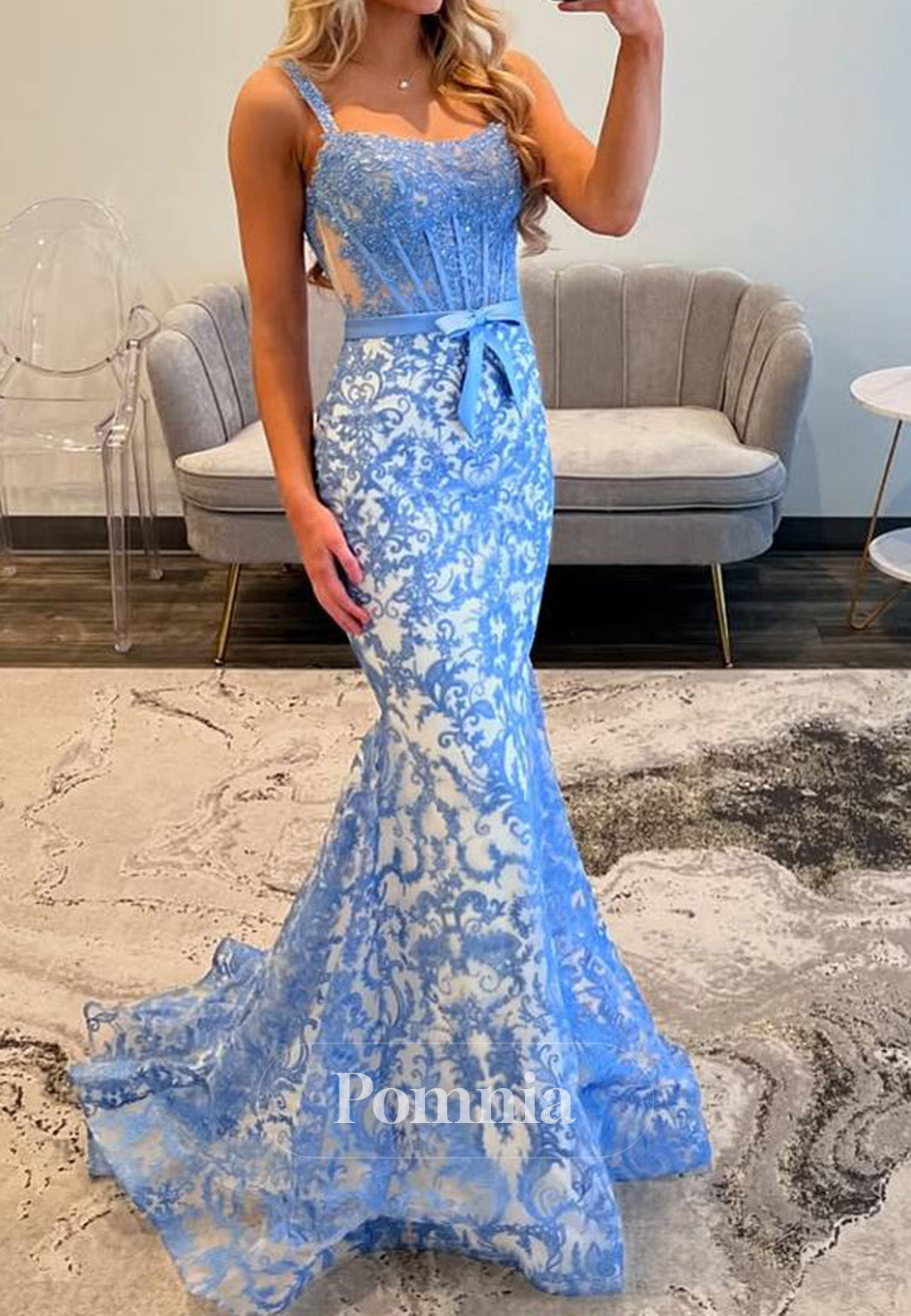 Classy Trumpet Lace Appliques Straps Long Prom Dress with Bow