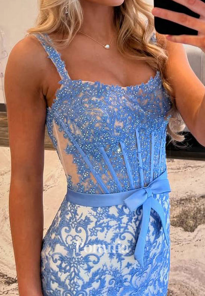 Classy Trumpet Lace Appliques Straps Long Prom Dress with Bow