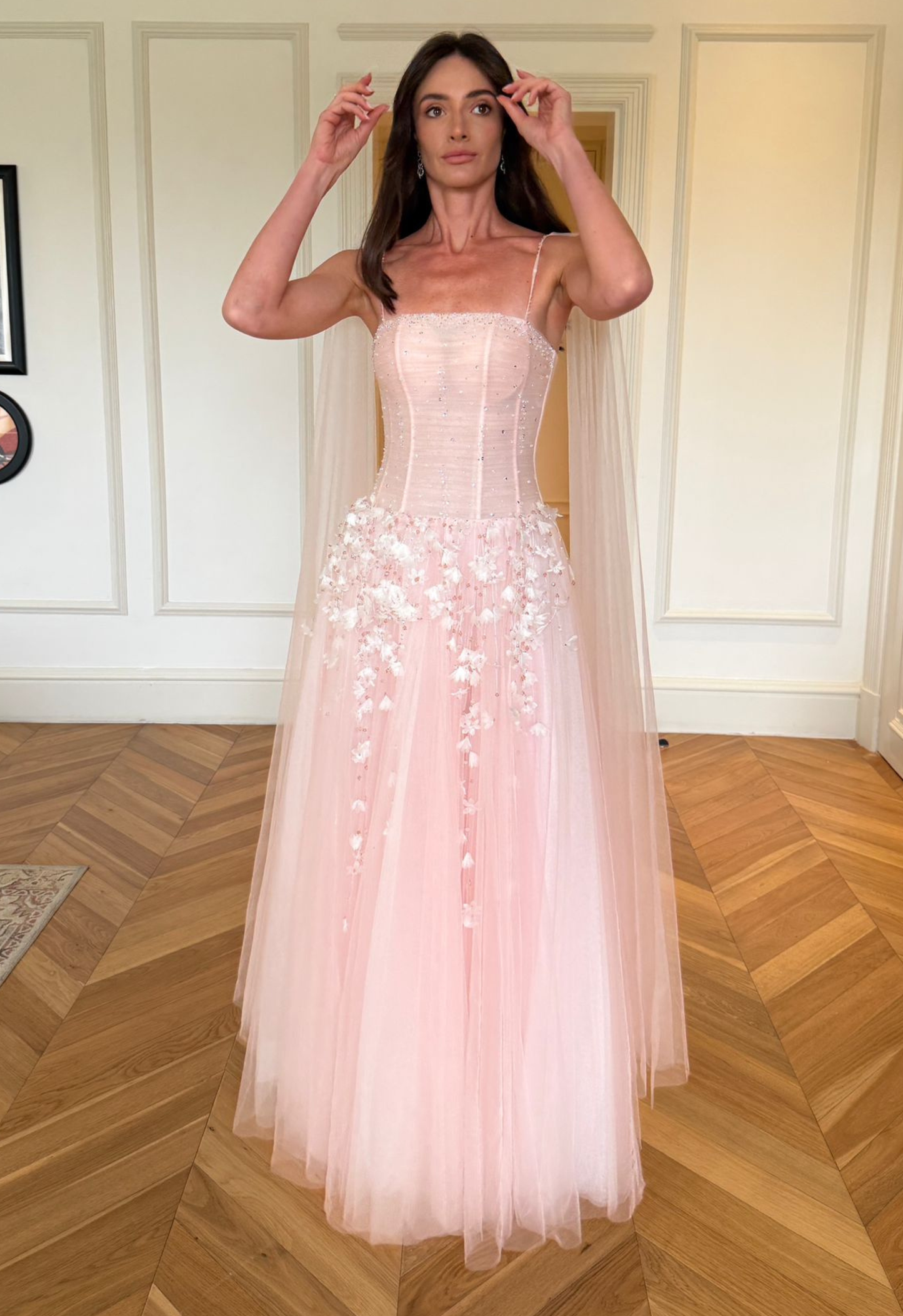 PinkA-Line Tulle Pleat Flowers Appliques Prom Dress Evening Dress