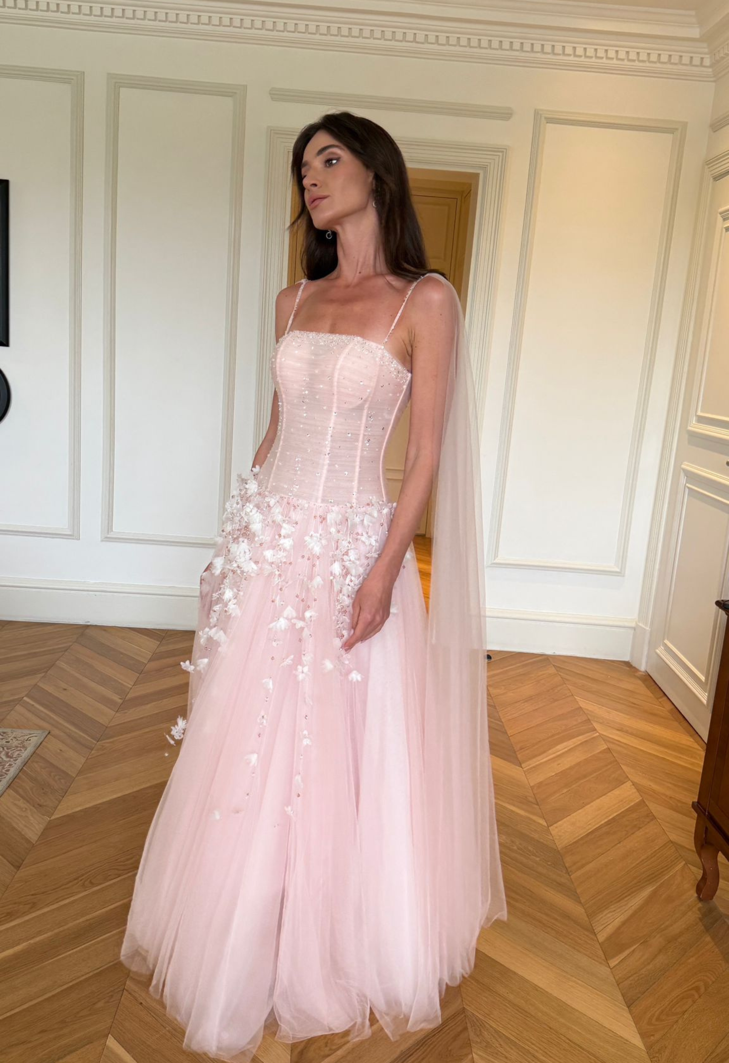 PinkA-Line Tulle Pleat Flowers Appliques Prom Dress Evening Dress