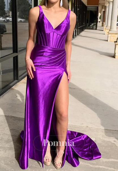 Corset Purple Formal Wear V Neck Pleated Prom Dress Tight with Slit