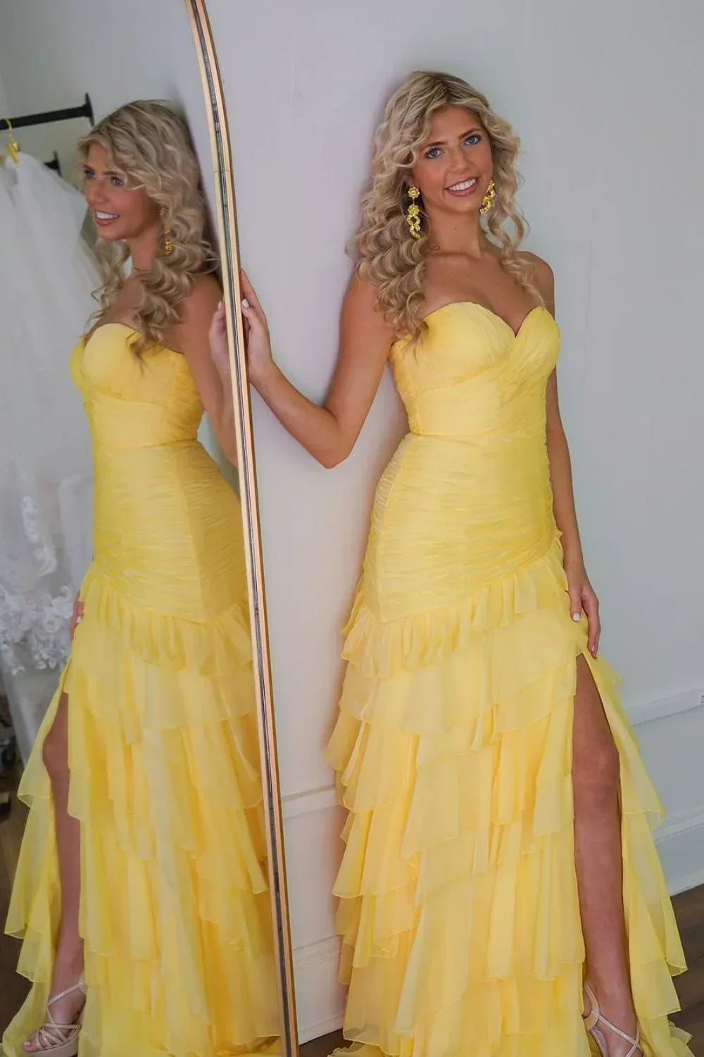 Sweety Mermaid Sweetheart Yellow Long Tulle Prom Dress with Ruffles
